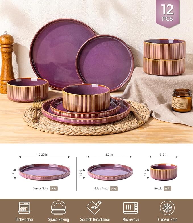 GBHOME 12-Piece Stoneware Dinnerware Set for 4 – Ribbed Ceramic Plates and Bowls, Scratch-Resistant, Microwave & Dishwasher Safe, Reactive Glaze,Purple Gradient