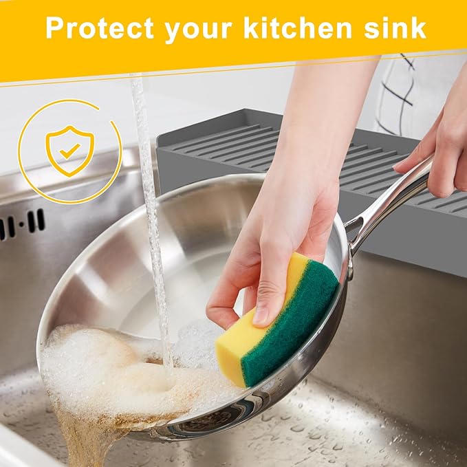 Silicone Sink Edge Protectors - Multifunction Accessories, Splash Guard & Draining Mat for Kitchen, Bathroom Sink, Steel, Granite, Quartz Countertops (Gray, 4 * 14in)