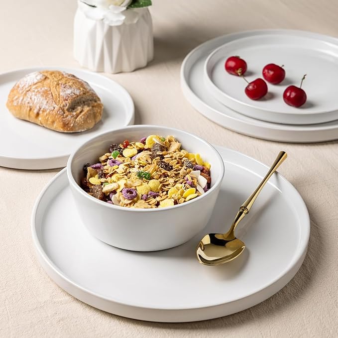 AmorArc Ceramic Dinnerware Sets for 4, Modern Flat Stoneware Plates and Bowls Sets,Chip and Crack Resistant | Dishwasher & Microwave Safe Dishes Set,Scratch Resistant- Service for 4 (12pc)-Matte White