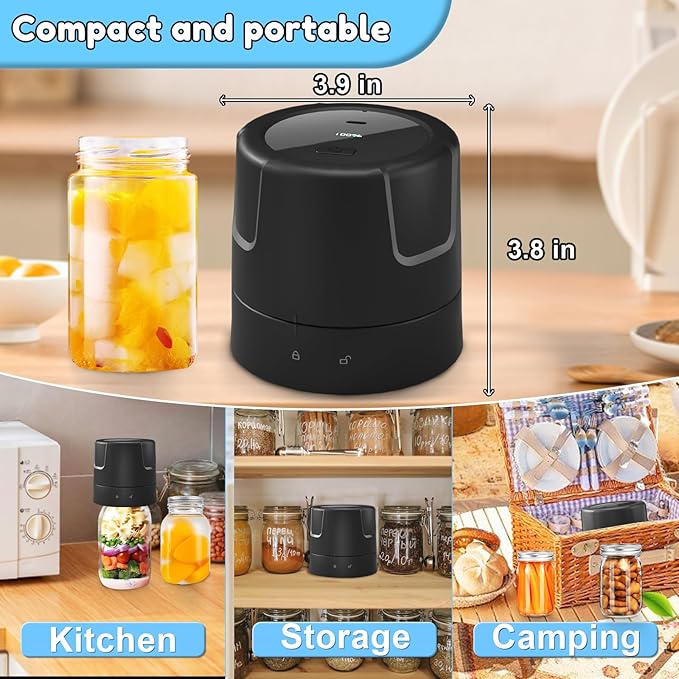 Electric Mason Jar Vacuum Sealer - 85kPa Strong Suction Vacuum Sealing Machine with Regular and Wide Mouth Mason Jar Lids - Silent Rechargeable Portable Vacuum Sealer for Food Storage or Fermentation
