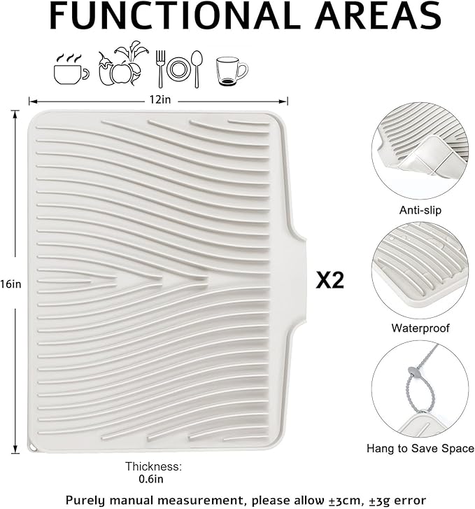 TIKNIK Silicone Dish Drying Mat, Stone Drying Mat for Kitchen Counter with Built-In Drain, Non-Slip Drain Pad with Built-in Drain, Heat Resistant Stone Drying Mat, Hangable, Cream-2pcs, 16" x 12"