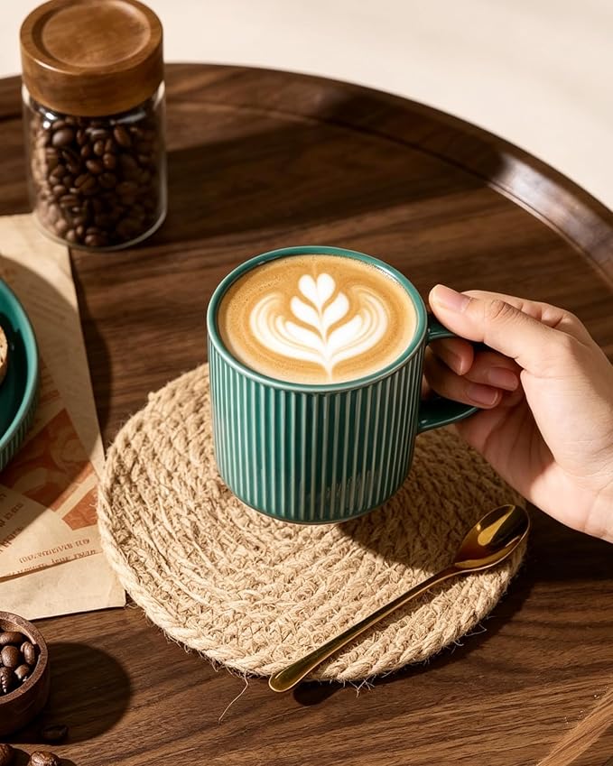 famiware Coffee Mug Set for 4, Star 12 oz Catering Mugs Cup Set with Handle for Coffee, Tea, Cocoa, Milk- Ceramic Stoneware Drinkware Set, Sage Green