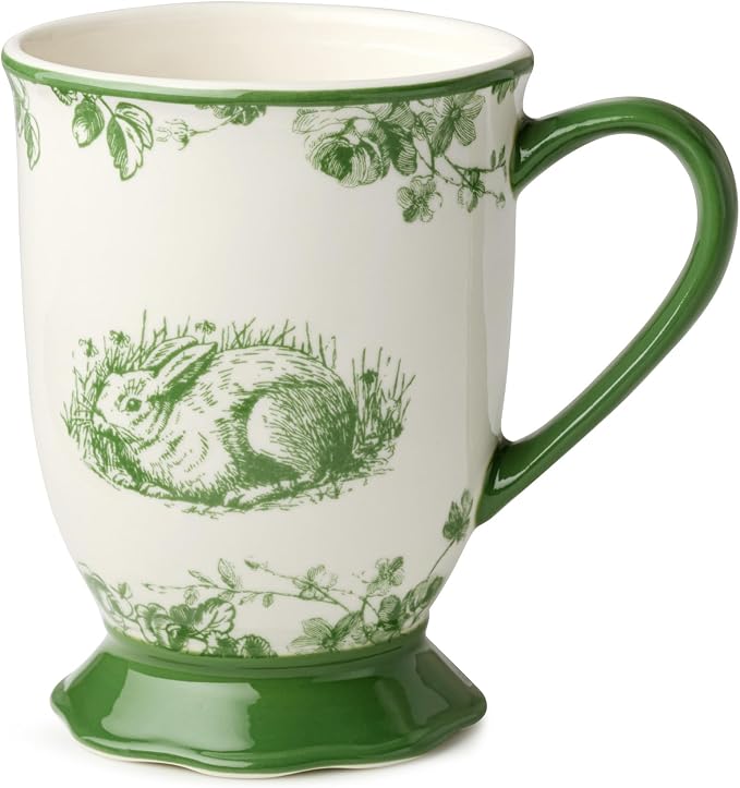 Le Jardin 6oz MUGS SET OF 4 – Green Bunny Stoneware Cups for Coffee, Tea & Cocoa – Charming Drinkware for Spring Brunch or Morning Routines