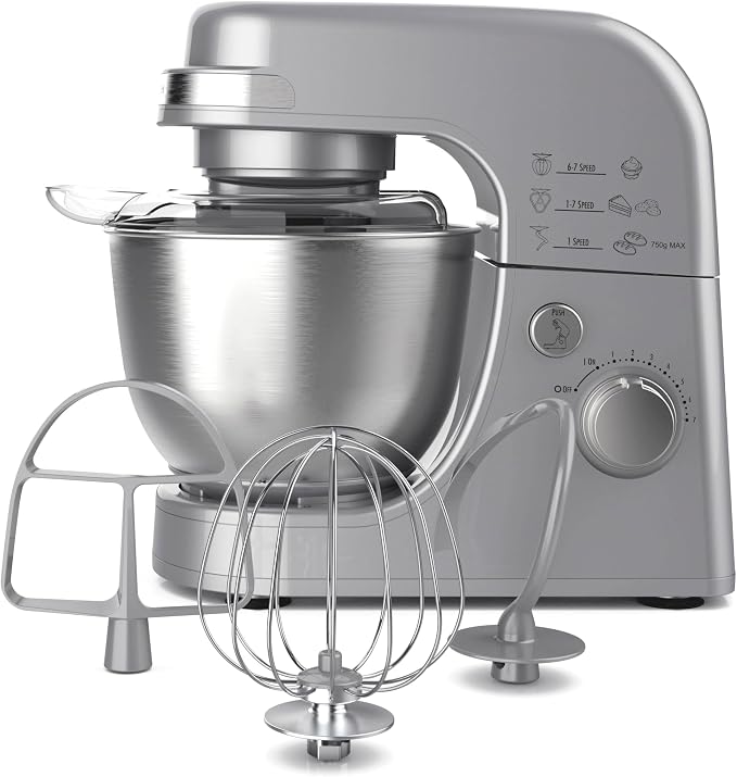 Hamilton Beach Electric Stand Mixer, 4 Quarts, Dough Hook, Flat Beater Attachments, Splash Guard 7 Speeds with Whisk, Silver | Planetary Mixing For Full Bowl Coverage | Splash Guard | 300 Watts | Whisk, Flat Beater, Dough Hook | Silver