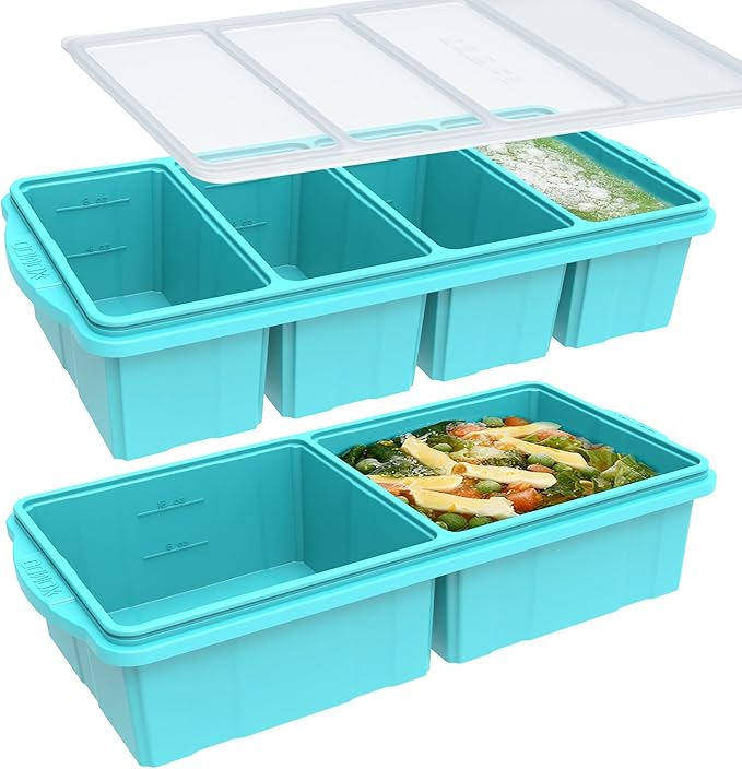 Xomoo Silicone Freezer Tray With Lid - Soup Freezer Container molds - Large Ice Cube Tray- makes 8 perfect 1-Cup & 2-Cup Ice cube Molds Food Soups Storage Containers - Oven & Dishwasher -Safe