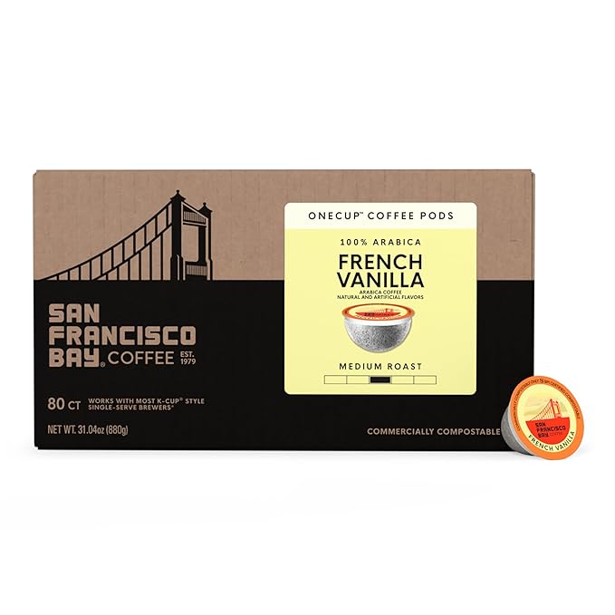 San Francisco Bay K-Cup Coffee Pods, French Vanilla (80 ct), Medium Roast, Commercially Compostable Single-Serve Flavored Coffee Pods