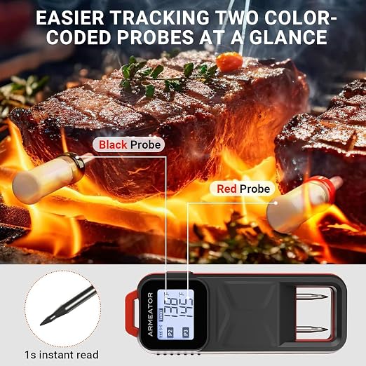 ARMEATOR Meat Thermometer for Grilling, Smoking & Cooking – Dual Probe Wireless Smart BBQ Thermometer with App, Long Range, Rechargeable, Water-Resistant, for Oven, Air Fryer & Outdoor Cooking