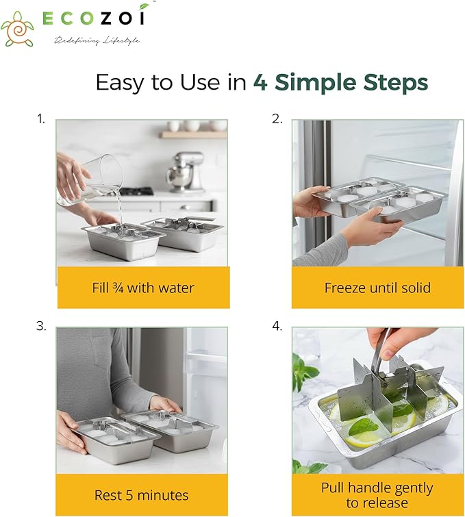 Ecozoi Stainless Steel Metal Ice Cube Trays With Easy Release Handle - 2 Pack | 12 Large Ice Cube Slots | Removable Slots For Easy Ice Cube Removal And Cleaning | Eco Friendly, Plastic Free