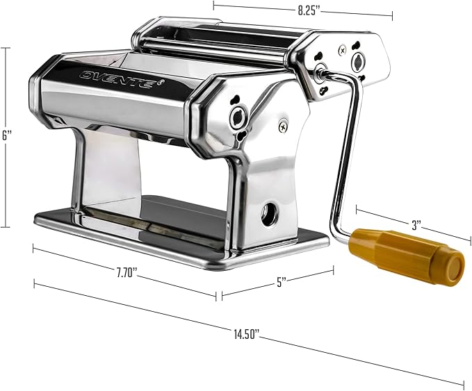 OVENTE Pasta Maker Machine with 7 Adjustable Thickness Settings, Rollers and Cutter, Classic Stainless Steel Manual Noodle Maker for Spaghetti, Fettuccini, Lasagna or Dumpling Skin, Silver PA515S