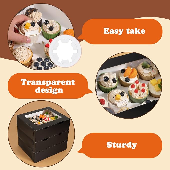 Moretoes 3PCS Cupcake Boxes with Window,Hold 12 Count Cupcake Containers for Birthday,Graduation, Party Decorations(Black)