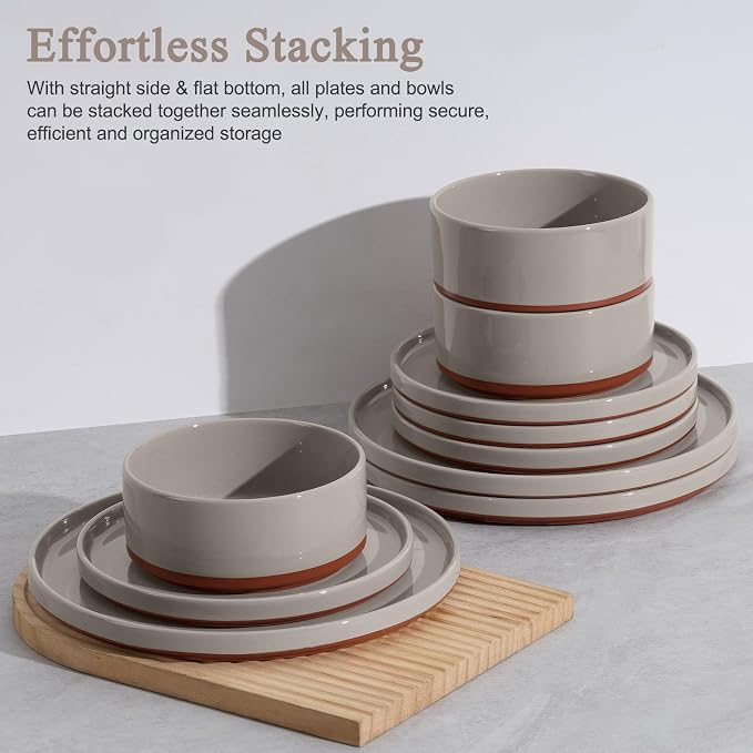 LIANYU Plates and Bowls Sets, 24 Pieces Stoneware Dinnerware Set for 8, Modern Kitchen Dinner Set Ceramic Dishware Dishes Set, Microwave and Dishwasher Safe, Terra Brown