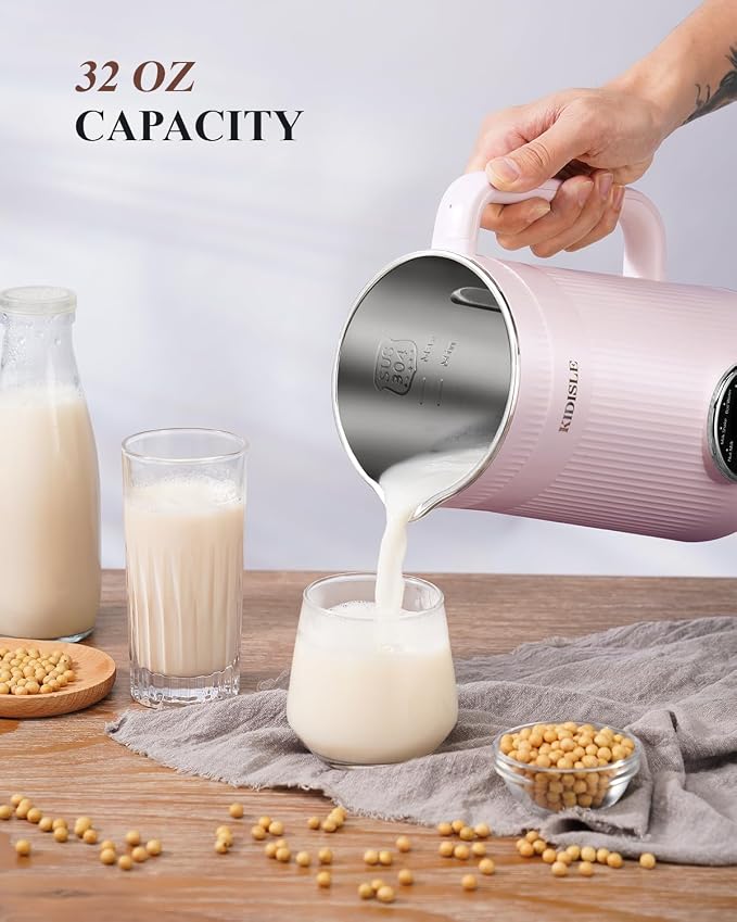 KIDISLE 8 in 1 Nut Milk Maker Blender, 32oz Homemade Soy, Almond, Oat, Coconut, Plant Based and Non Dairy Beverages, Automatic Soybean Machine With Delay Start/Keep Warm/Boil Water, Pink