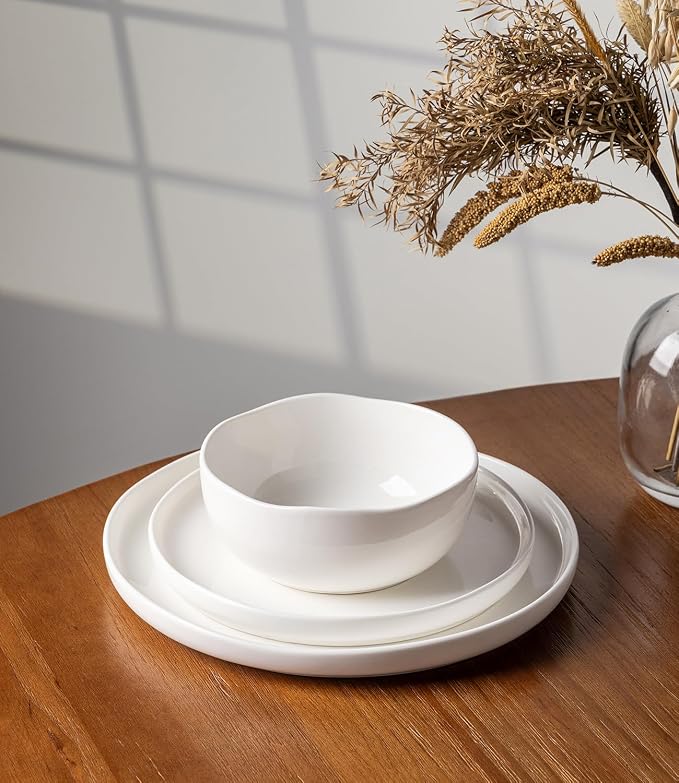 TheTerra Ceramic Dinnerware Sets, Handmade Reactive Glaze Plates and Bowls Set, Scratch Resistant Dish Set, Oven & Microwave & Dishwasher Safe, Bright White