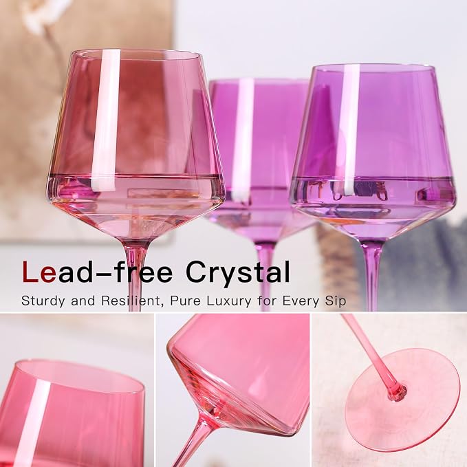 Colored Wine Glasses Set of 6 – 18oz Hand-Blown Crystal Stemmed Wine Glasses, Vibrant Sunset Square stemware for Red & White Wine, Unique Gift for Wedding,Birthday