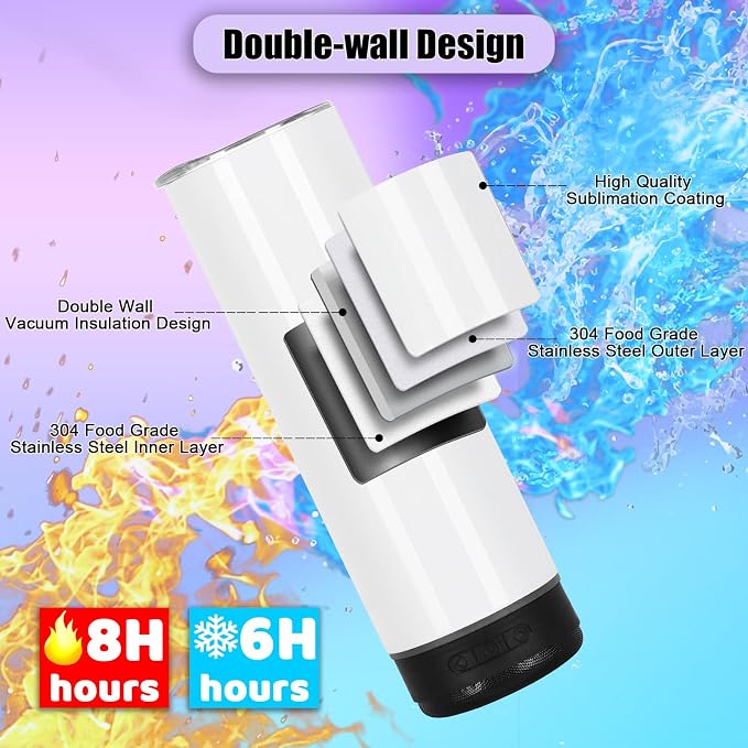 4 Pack 20 Oz Music Speaker Tumbler, Sublimation Music Tumbler Blanks, Double Wall Vacuum Insulated Coffee Mug with Detachable LED Light, Speaker Cup (Black)