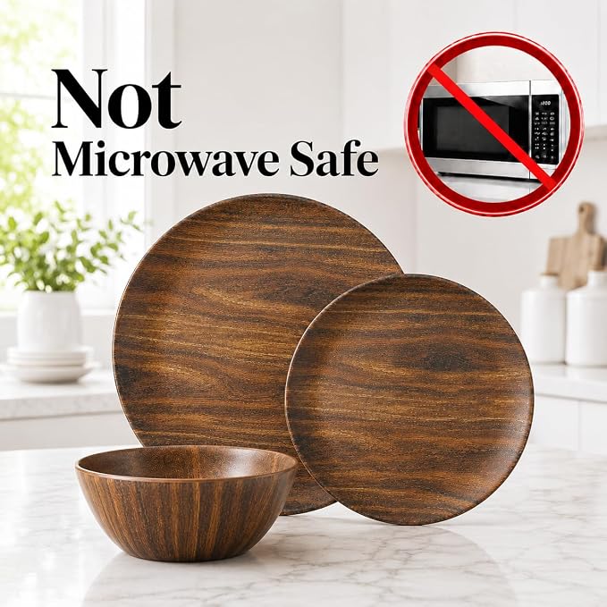 TP 18-Piece Dinnerware Set, Melamine Dishes Set with Bowls and Plates, Service for 6, Non-breakable Lightweight Dining Tableware, Rosewood Grain