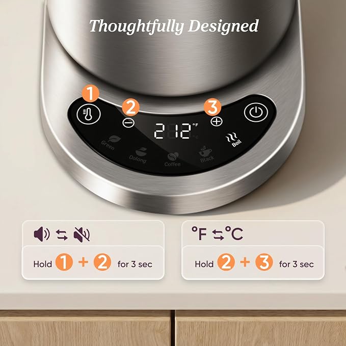 Cosori Stainless Steel Electric Kettle with Temperature Control, 1.7L | No Plastic Contact with Water, 5 Presets, ±5°F Temp Control, 60-Min Keep Warm, Dual Lid Opening, Tea, Coffee & Hot Water