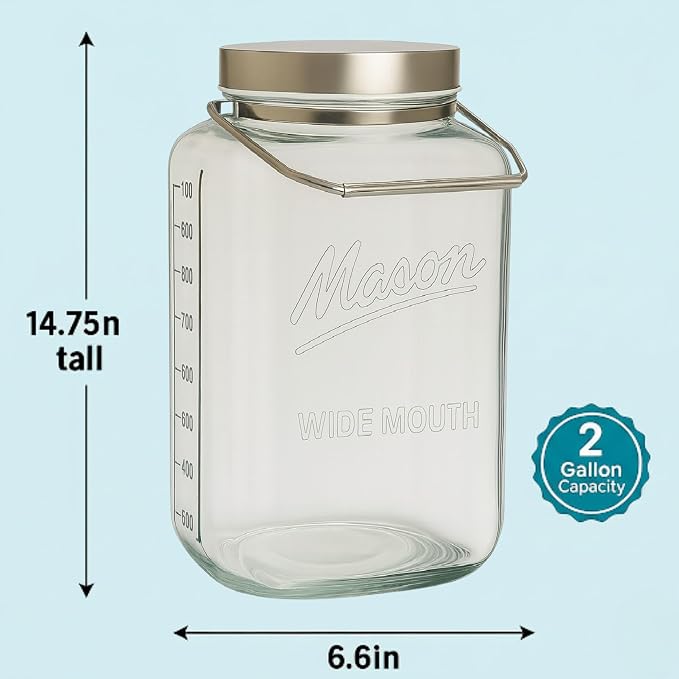 kitchentoolz Large 2 Gallon Glass Mason Jar with Big Airtight Metal Lid and Carry Handle – Wide Mouth Square Container with Measurements for Dry Goods, Bulk Storage, and Food Prep