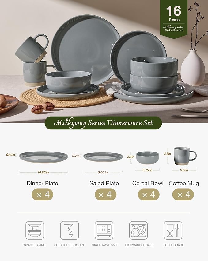 Famiware Milkyway Stoneware Dinnerware Sets with Mugs, Service for 4 (16pcs), Plates and Bowls Sets, Scratch Resistant, Microwave and Dishwasher Safe Dishes Set, Dark Gray