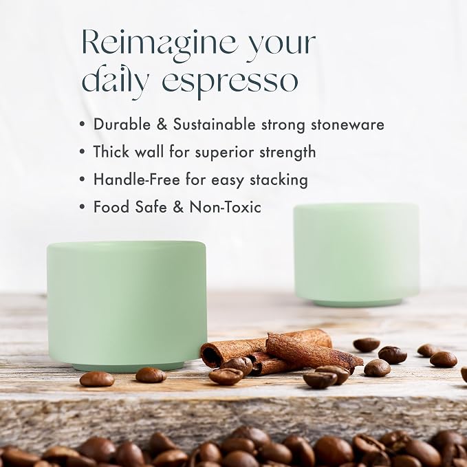 Folk Ceramics Leonard Ceramic Espresso Cups | Modern Stackable Demitasse Mugs for Espresso | Double Walled, Handleless, Durable, Dishwasher & Microwave Safe | 3oz, Set of 2 | Misty Green