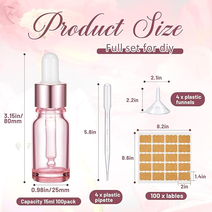 Lallisa 48 Pack Essential Oil Dropper Bottle 10 ml (1/3 Oz) Glass Dropper Bottles DIY for DIY Essential Oil Perfume with Funnels Pipettes Labels for Bathrooms, Hotels, Labs (Pink)