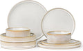LIANYU 8 Piece Stoneware Plates and Bowls Dishes Set for 2, Dinnerware Sets with Pasta Bowls, Ribbed Dining Ware Dishware for Home Wedding, Microwave and Dishwasher Safe, Dawn Beige