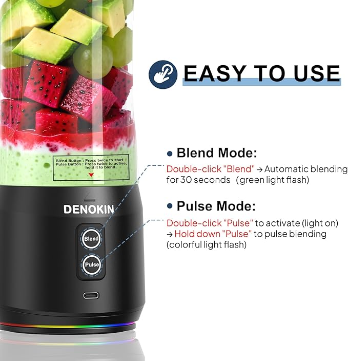 DENOKIN Portable Blender Cordless, 20oz Vessel Personal Blender for Shakes & Smoothies with On Go Lid & Sip Lid, Small Mixer for Kitchen, Home, Travel