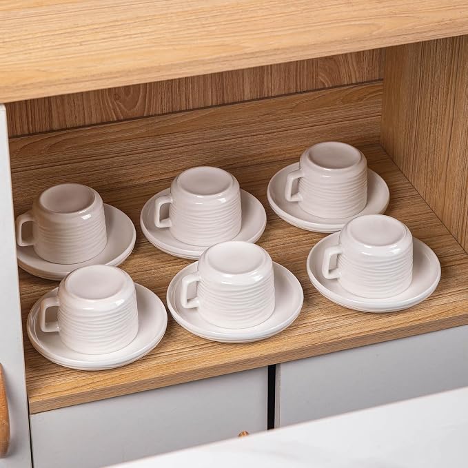 Cappuccino Cups with Saucers, 8 OZ White Ceramic Coffee Cups Set of 6, Good for Latte, Americano and Tea, Microwave and Dishwasher Safe, Ribbed Texture