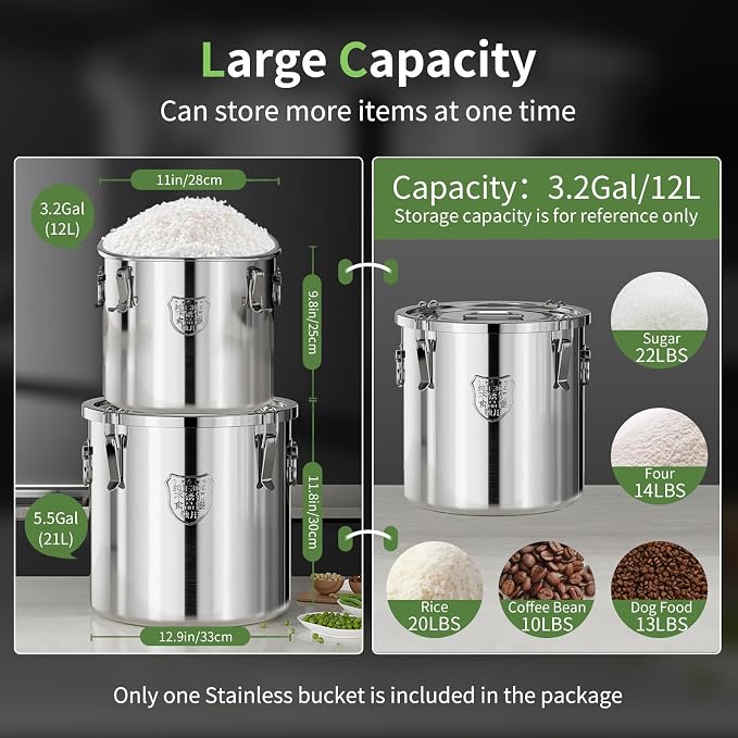 304 Stainless Steel food Storage Containers,3.2 Gal/12L Airtight Stainless Steel Bucket With lids,405oz Flour Storage Container,Metal Airtight Canister for Rice,Grain,Coffee Bean,Dog Food