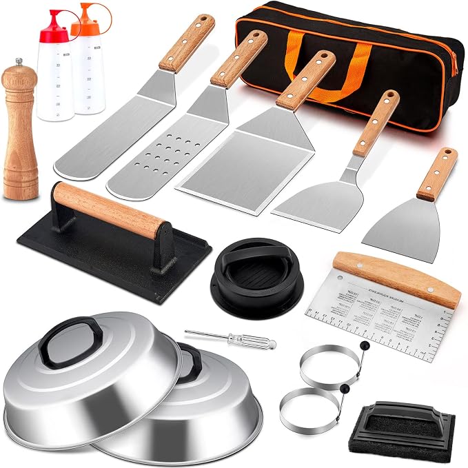 Joyfair Griddle Accessories Kit for Blackstone - 18Pcs, (Wooden Handle) | Flattop Grill Accessory Tools Set with Stainless Steel Spatula Turner, Basting Cover, Smash Burger Press for BBQ Cooking