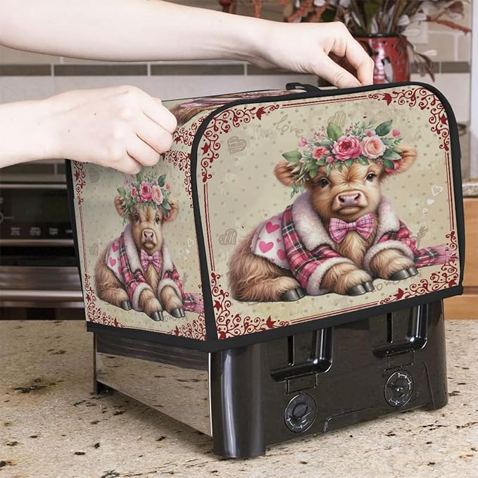 Valentine Day Highland Cow Toaster Cover 4 Slice Dust and Fingerprint Protection Toaster Bread Maker Covers Washable Kitchen Small Appliance Covers for Kitchen Accessories Decor Bakeware Women Gift
