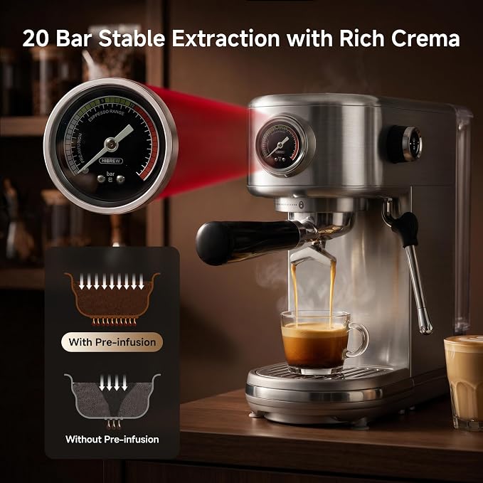 HIBREW H10B Programmable Espresso Machine with LED Display & Pressure Gauge | 20 Bar Compact Stainless Steel Coffee Maker with Milk Frother, 51mm Portafilter for Cappuccino Latte