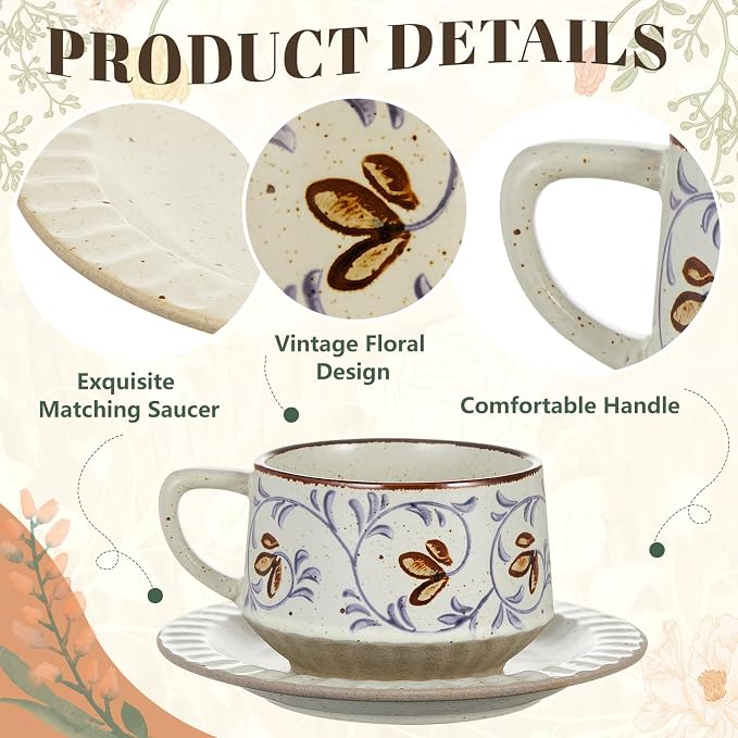 LemonRoad Vintage Tea Cup and Saucer Set, 10oz Porcelain Coffee Mugs with Saucer for Latte Mocha Cappuccino Ceramic Teacups for Housewarming Wedding Gifts Kitchen Table Decor