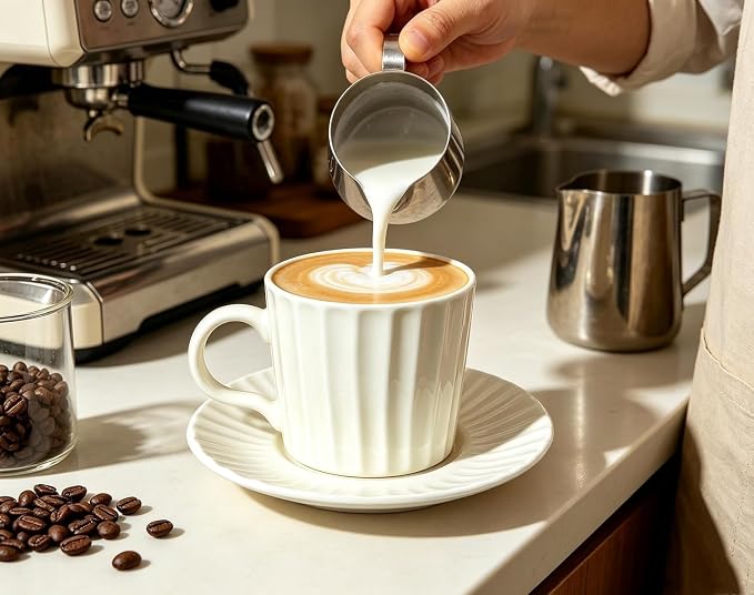 Ceramic Coffee Cup, 8 oz Cappuccino Cups with Saucers, Coffee Cup Set for 4, Pearl Glaze Coffee Cup and Saucer Set for Latte, Mocha, Tea, Café, Dishwasher and Microwave Safe (Pearl White / 200 ml)