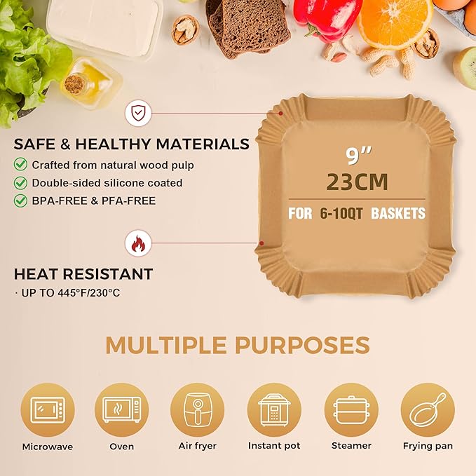 Boribim 9 Inch Air Fryer Paper Liners, 360 PCS Square Air Fryer Disposable Liners - AirFryer Accessories - Non-Stick and Oil Proof Air Fryer Parchment Paper Liners for 6-10QT Basket Oven Microwave