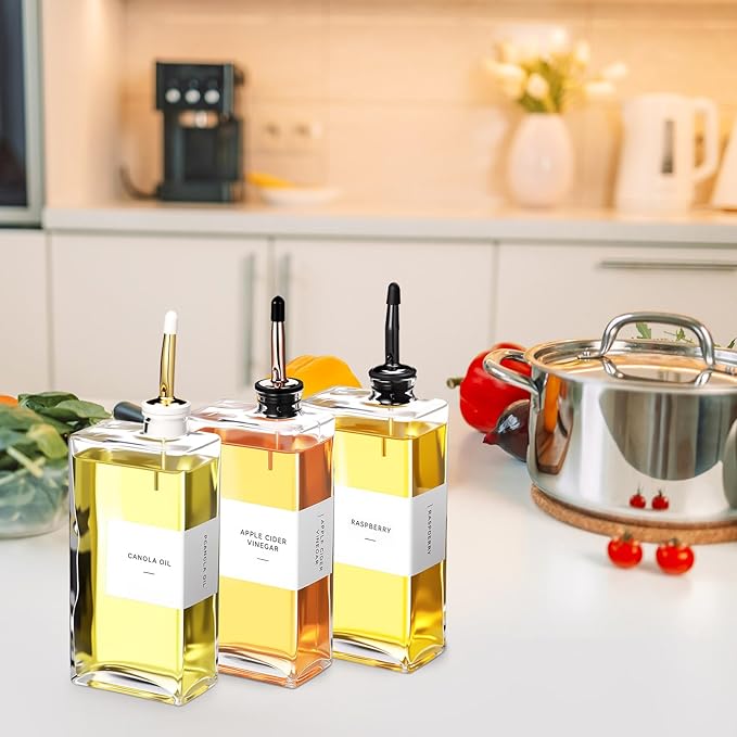 Reallnaive 3 Sets Olive Oil Dispenser Bottles for Kitchen with Nozzles Funnel Labels Cooking Oil Dispenser 500ml Set for Kitchen Vinegar Coffee Syrup (Colorful)