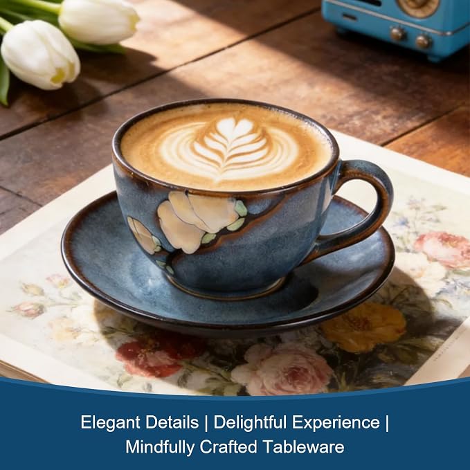 8 Oz Floral Porcelain Cappuccino Cups with Saucers Set of 4, Stoneware Tea Coffee Mugs for Home Kitchen & Office, Dishwasher Microwave Oven Safe, for Espresso, Latte, Americano, Milk & Tea, Dark Blue