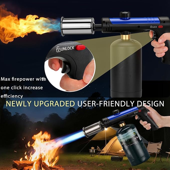 Propane Torch Gun With One-Touch Max Fire, Adjustable Kitchen Torch, Powerful Propane Torch With Many Safety Features(Tank Not Included)-Blue