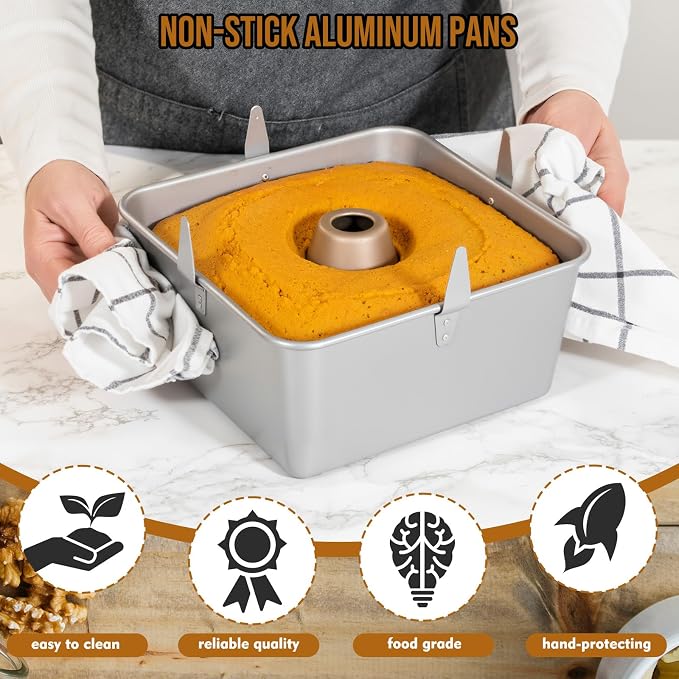 Vesici 10 Inch Square Tube Cake Pan with Cooling Feet Angel Food Cake Pan with Removable Bottom Non-stick Aluminum Alloy Pans for Baking Pound, Chiffon Cakes(Silver)