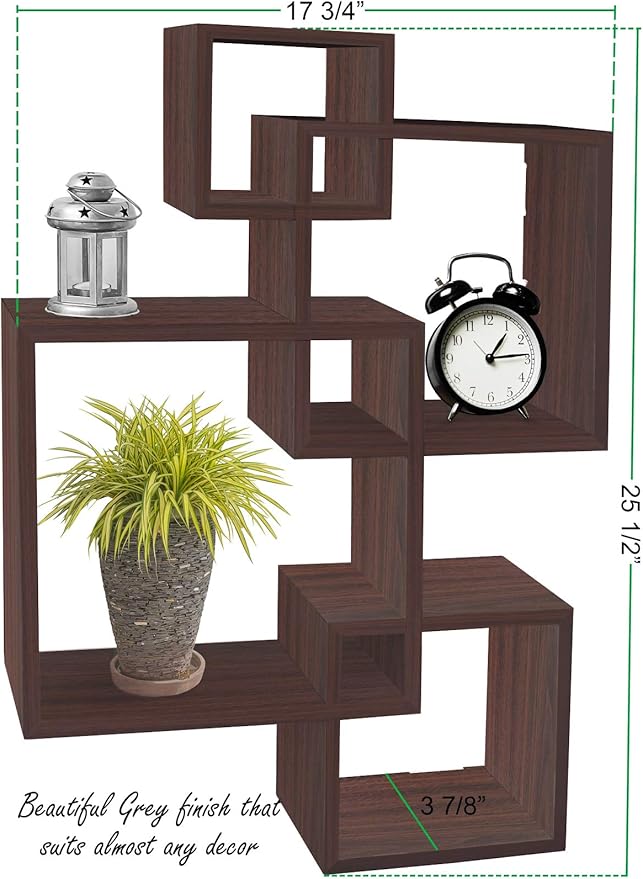 Greenco 4 Cube Intersecting Shelves, Easy-to-Assemble Floating Wall Mount Shelves for Bedrooms and Living Rooms, Walnut Finish