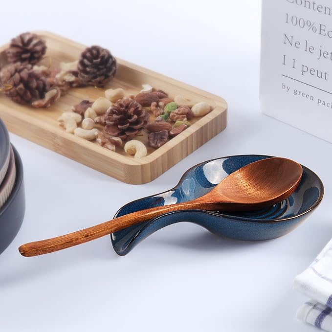 JINIHFW Spoon Rest for Kitchen, Ceramic Spoon Holder for Stove Top, Cooking Spoon Holder,Heat Resistant Utensil Rest for Countertop, Dishwasher Safe, Blue (1 pcs)