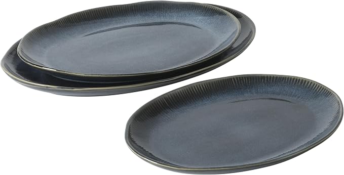 Gibson Elite Sandy Pines 3 Piece Oval Platter Set, 15.7”, 13.75” & 12” Stoneware Serving Platters, Reactive Glaze Finish, Blue, Microwave & Dishwasher Safe