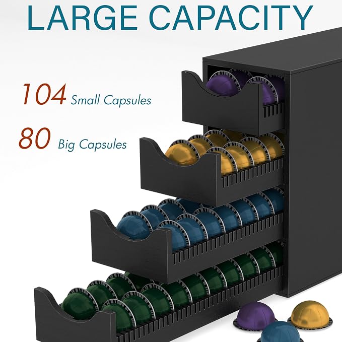 Suli Coffee Pod Holder, Coffee Capsule Storage Organizer, Save Space Coffee Pod Organizer for Countertop, Extra Large Storage Rack with Drawer, 4 Tier,104 Pods,Wood,Black