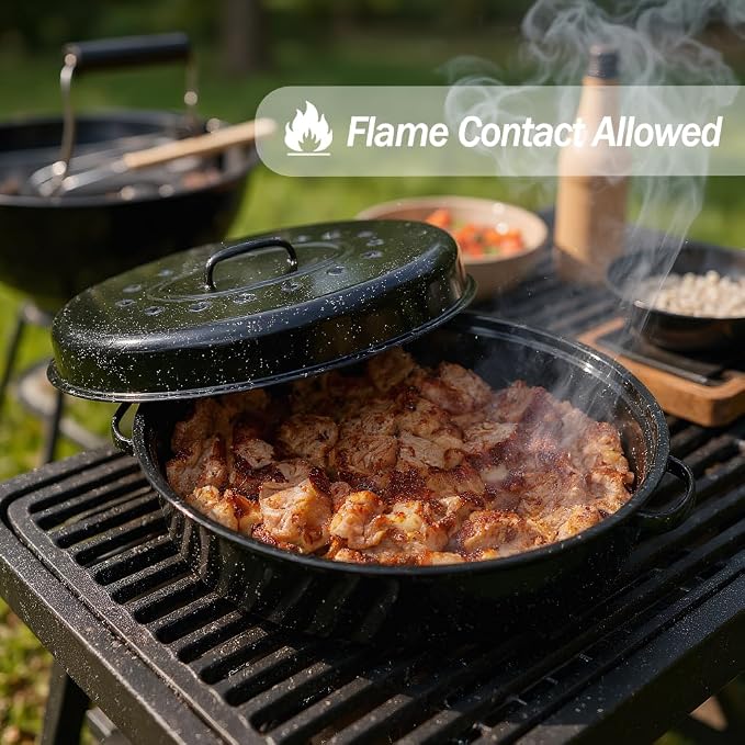 Turkey Roasting Pan With Lid 18in Roaster Pan Enamel Carbon Steel Roaster Pot with 16in Inner Diameter,18 Pound Large Capacity High Temperature Resistance Oval Cookware