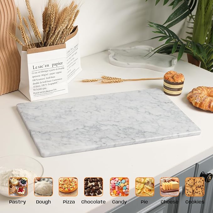 Carrara White Marble Cutting Board for Kitchen, 12x20 Inch Marble Slab Pastry Board With Non-Slip Feet for Baking, Cheese, Charcuterie, Chocolate – Serving Tray Gift