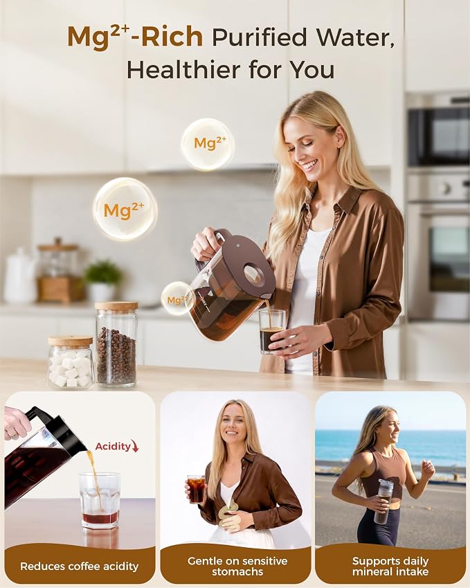 Waterdrop PT-10 Cold Brew Coffee Maker with 1 Magnesium Water Filter for Well-Balanced Acidity, Unlocks Aroma, BPA-Free Cold Brew Pitcher, Stainless Steel Filter for Iced Coffee, Tea, Lemonade, Brown