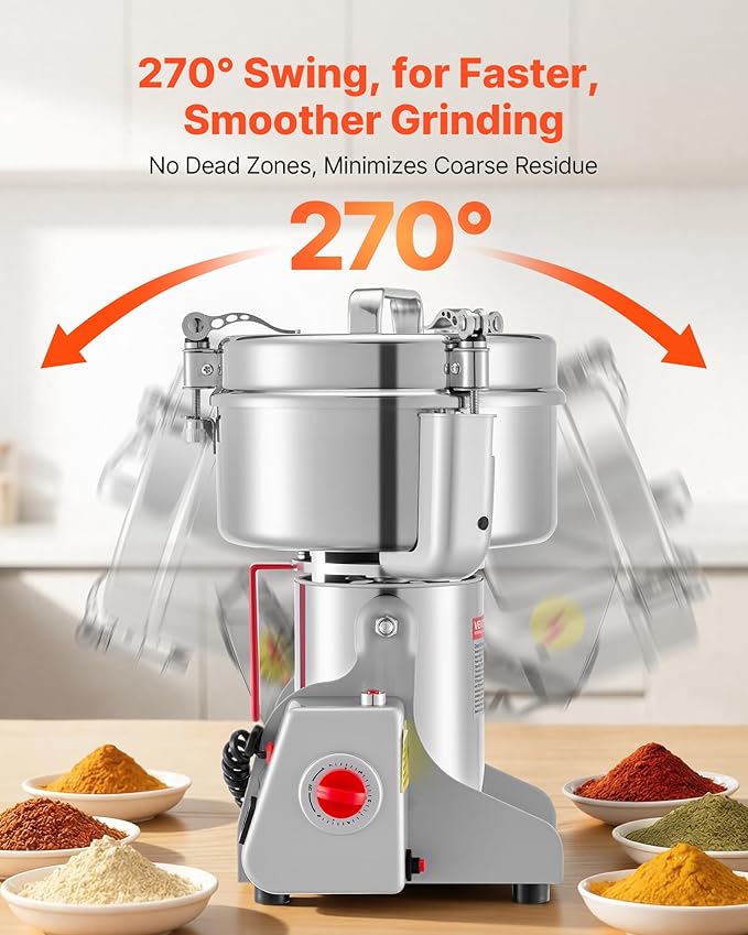 VEVOR 2500g Electric Grain Mill Grinder, High Speed 3400W Commercial Spice Grinders, Stainless Steel Pulverizer Powder Machine, for Dry Grains Spices Cereals Coffee Corn Pepper, Swing Type