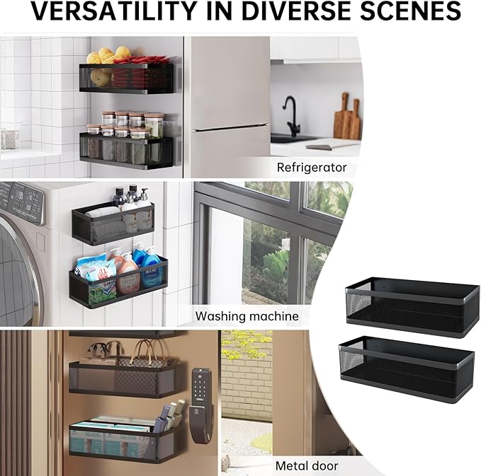 2-Pack Magnetic Spice Rack for Refrigerator, Magnetic Shelf with Tall Guardrails to Prevent Falling - Strong Magnet Organizer for Kitchen, Pantry, Cabinet & Laundry Room (Black)