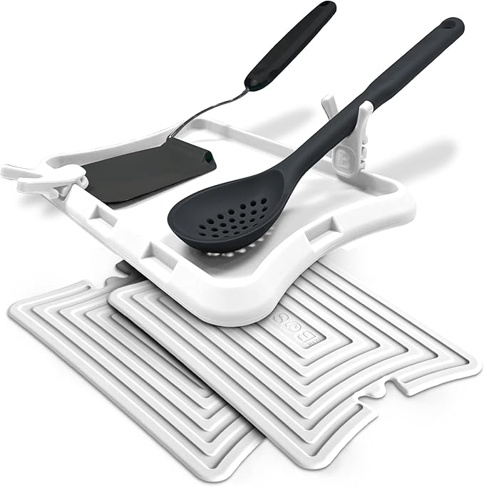 Nottadrip Silicone Spoon Rest for Stove Top - Kitchen Spoon Rest for Countertop, Ladle Holder, All in 1 Serving Station, Elevate Handles, Drip to Tray, Mess Free - 5PC Trivet Set - White