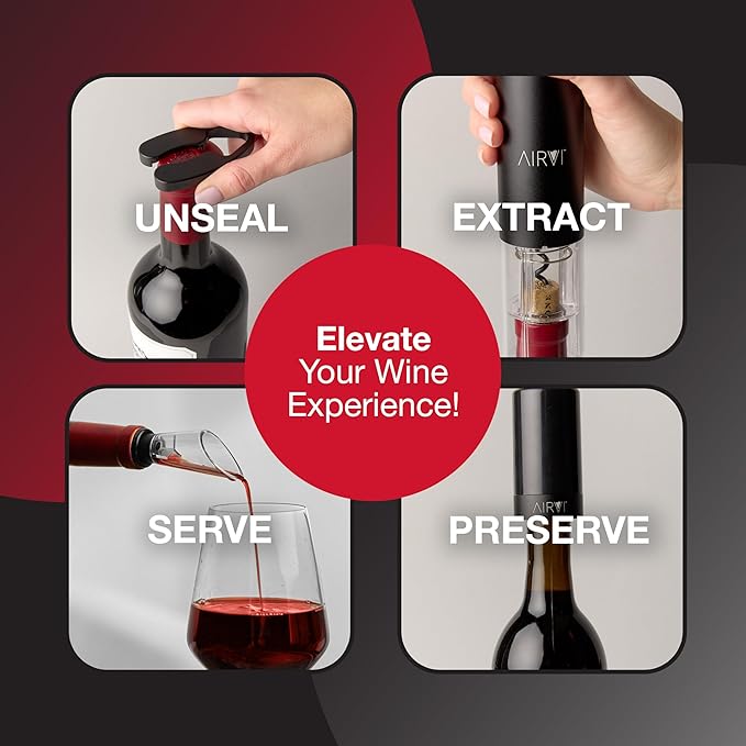 Electric Wine Opener Kit (4-Piece Set) - Includes Automatic Sealer Vacuum Pump, No-Spill Aerator Pourer Spout, and Foil Cutter – Premium Gifts, Accessories for Wine Lovers, Drinkers